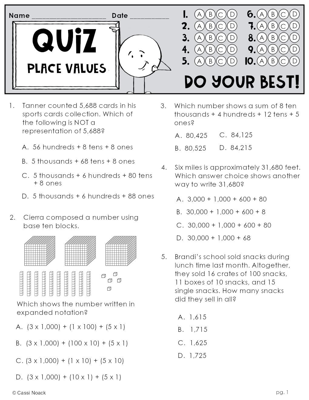 Place Value QUIZ Minds in Bloom Unlimited