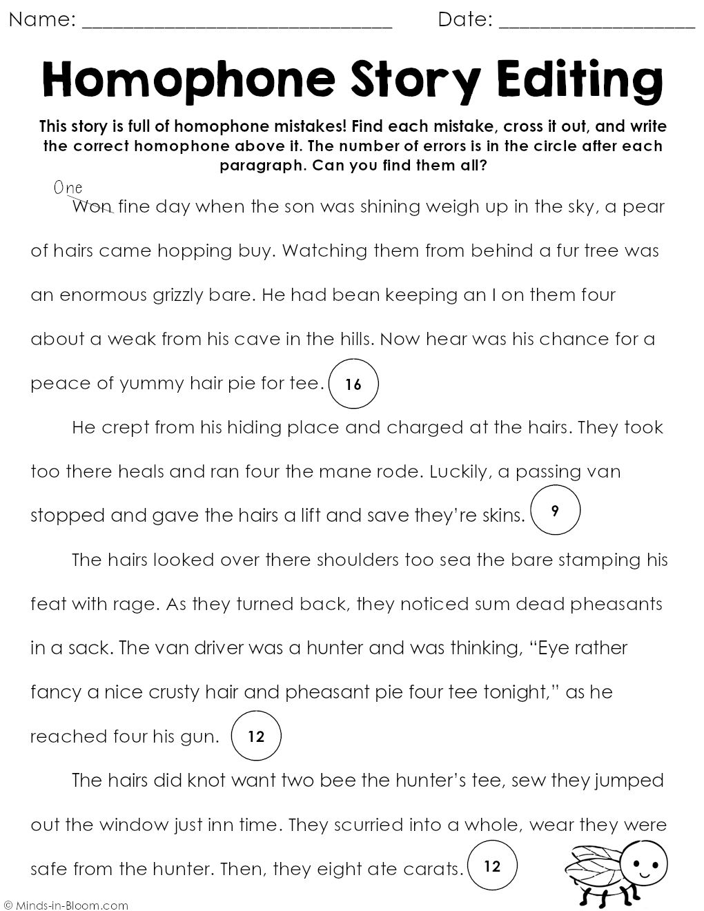Homophone Practice Sheet - Homophone Story Editing - Minds in Bloom ...