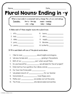Plural Nouns worksheet-printable - Plural Nouns ending in -y