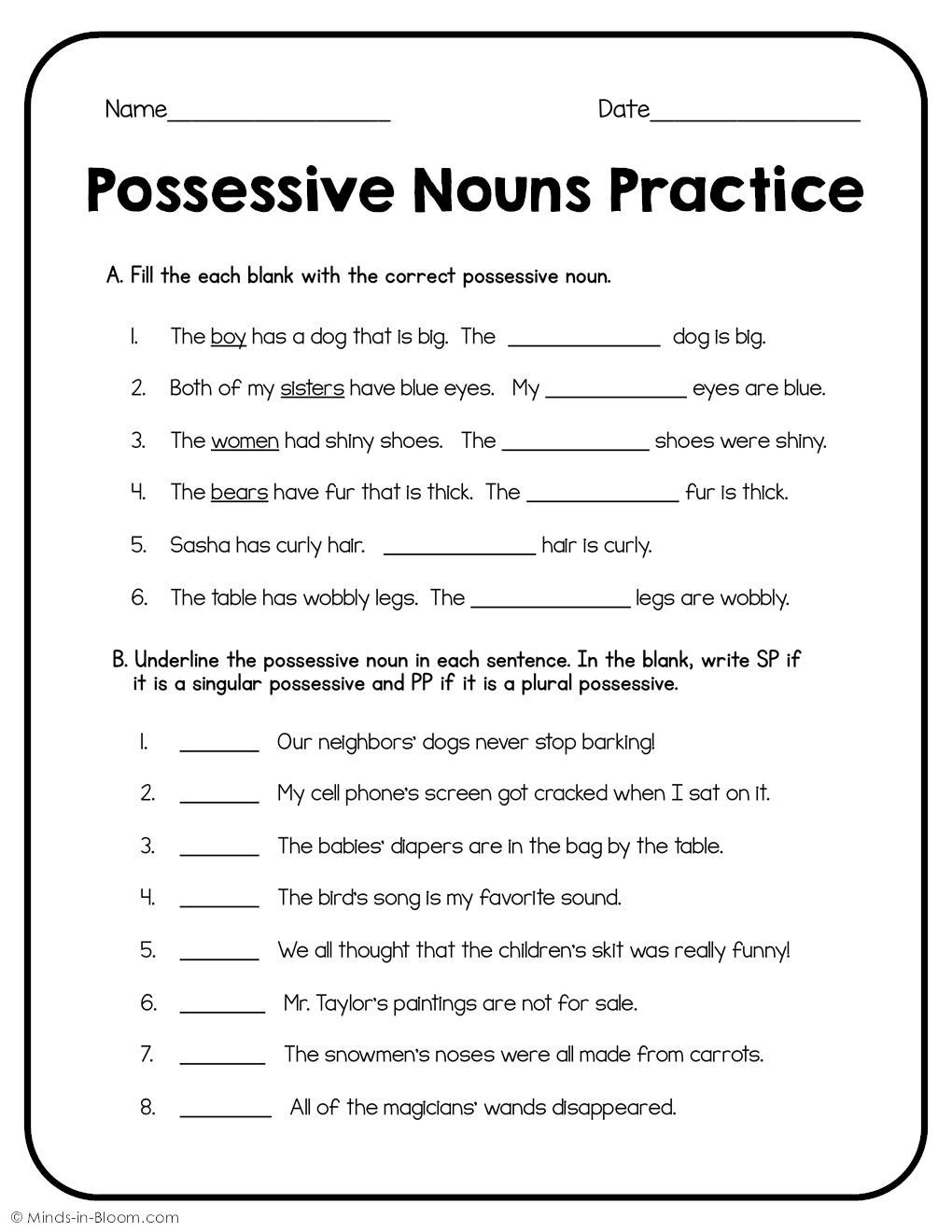 Possessive Nouns Practice - Minds in Bloom Unlimited