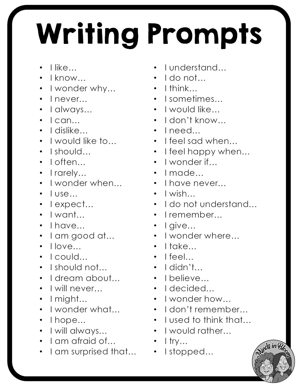 List of Sentence Starters for Reflective Writing - Minds in Bloom Unlimited