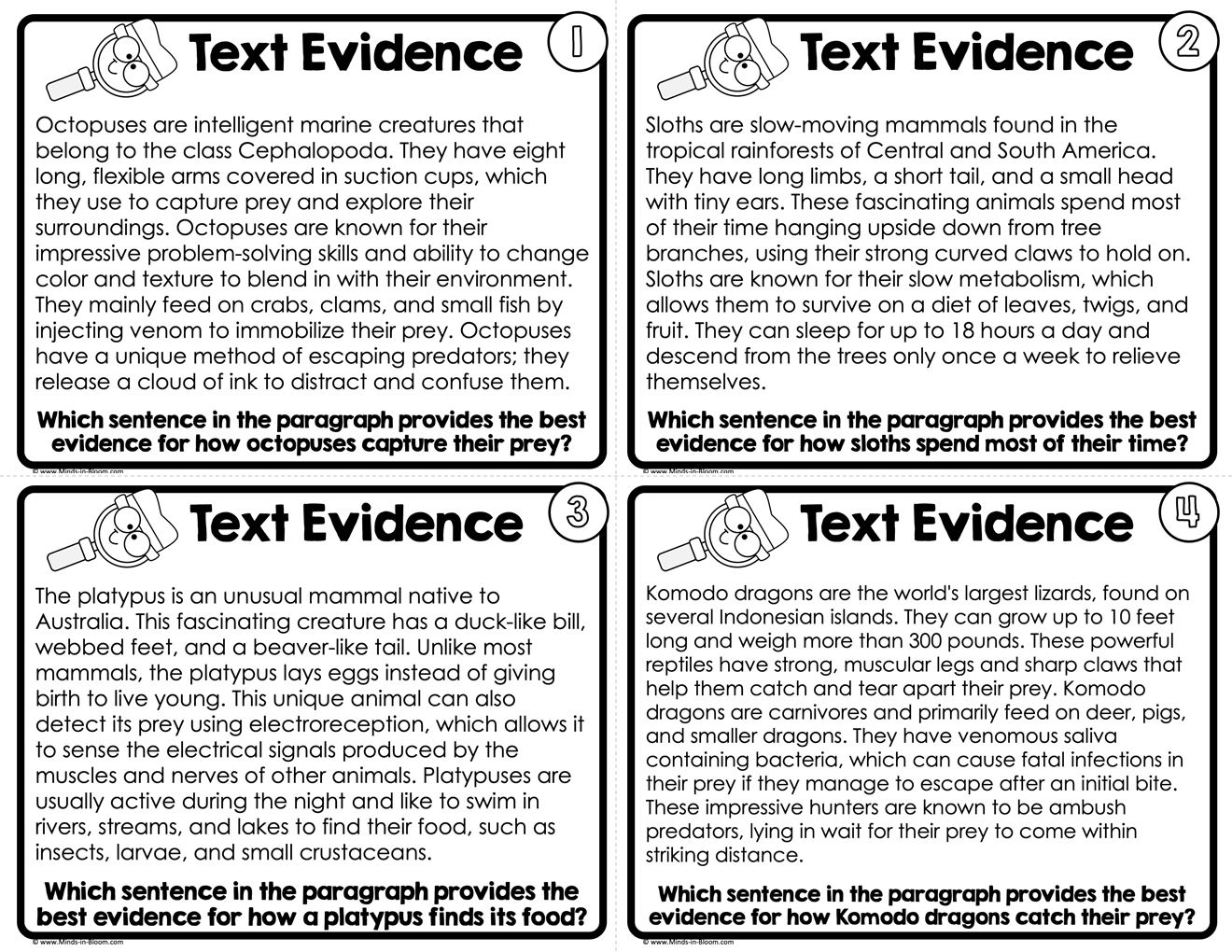 Answering Questions with Text Evidence - Task Cards - Black & White ...