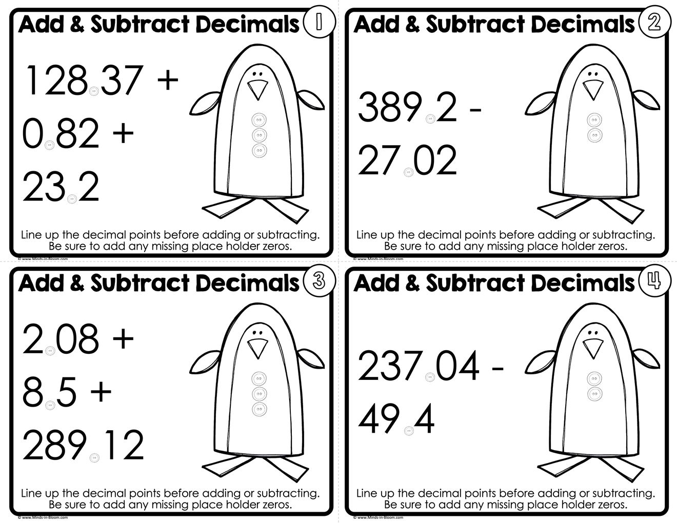 Adding and Subtracting Decimals - Task Cards - Black & White - Minds in ...