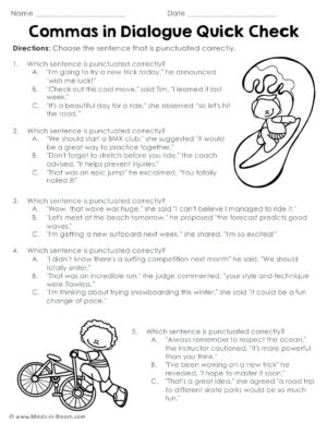 Extreme Sports Comma Rules Practice - Commas in Dialogue - Quick Check Quiz