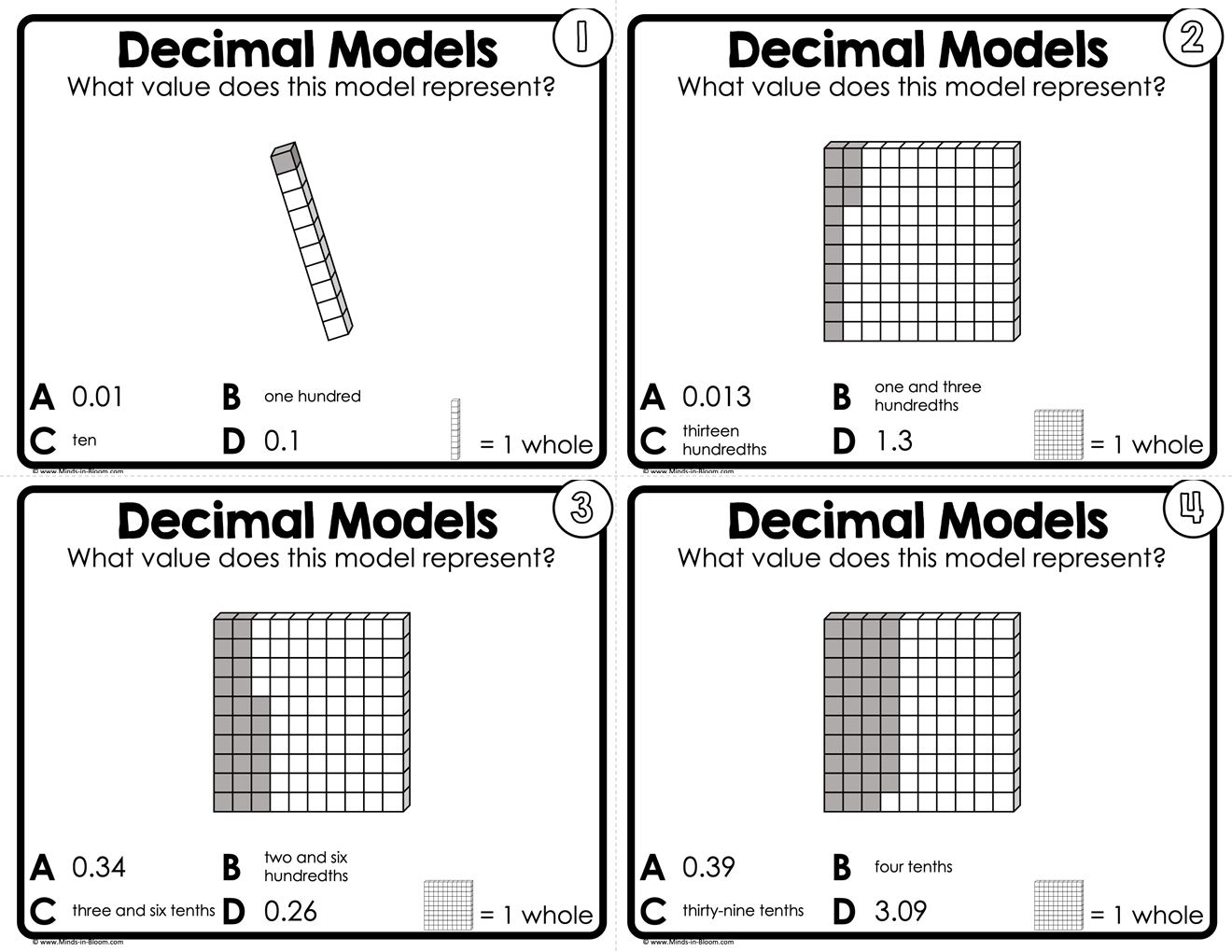 Decimal Models - Tenths & Hundredths - Task Cards - Black & White ...