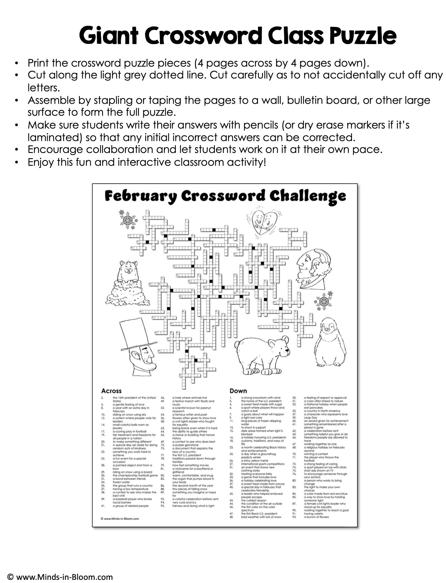 February Giant Crossword Puzzle Valentines Black History Month Winter Presidents