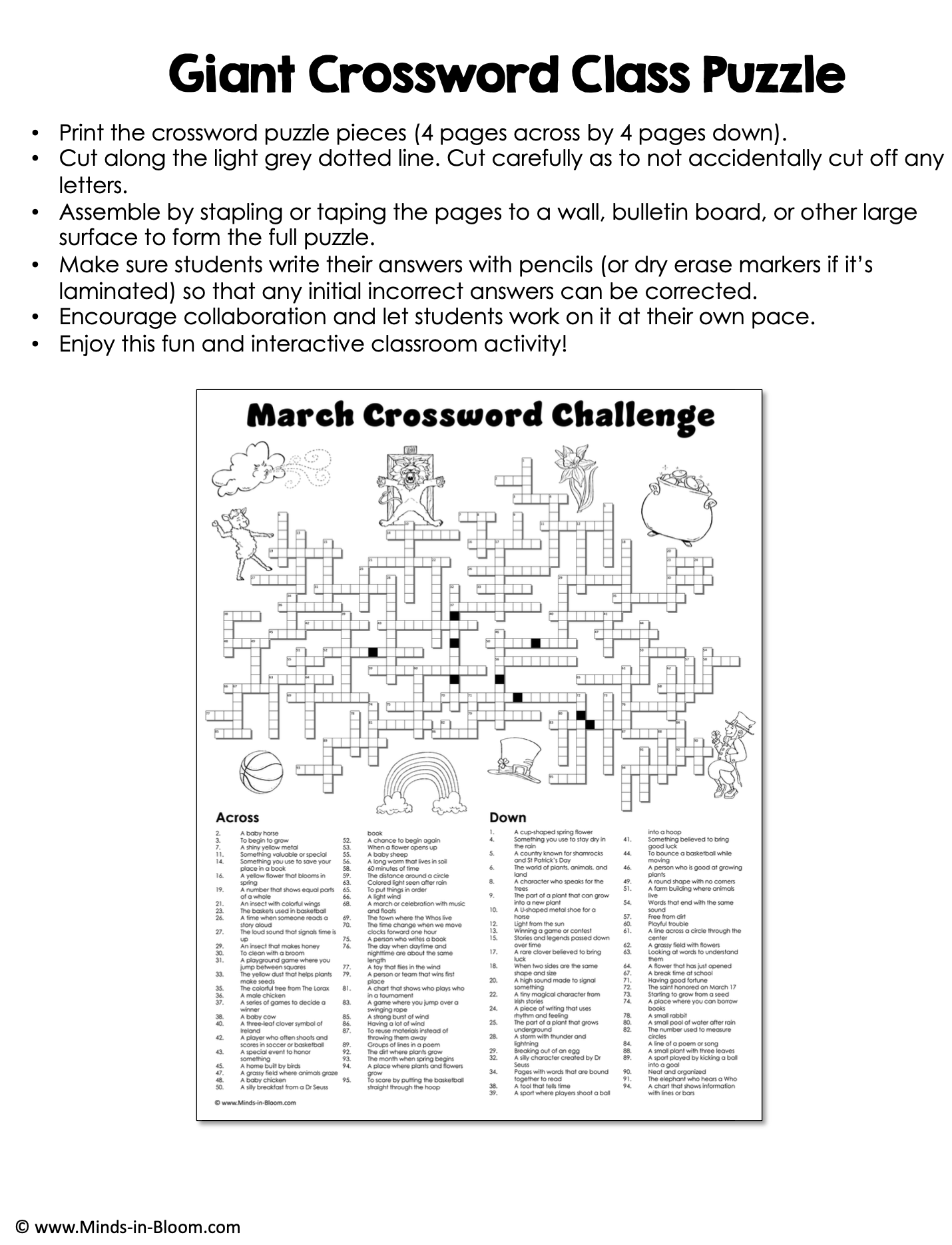 March Giant Crossword Puzzle St. Patrick’s Day, Spring, Activity, Dr. Seuss Game