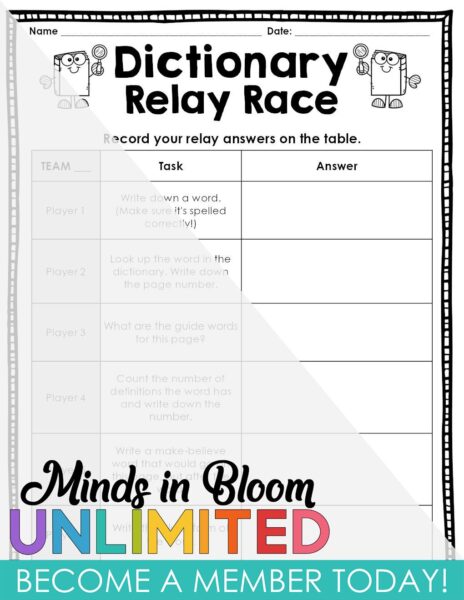 Dictionary Relay Race Minds In Bloom Unlimited