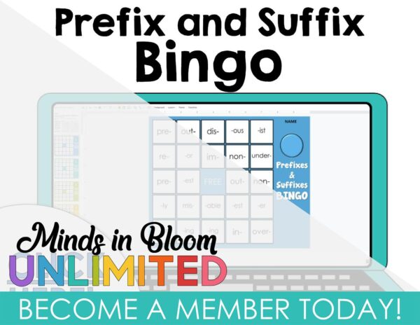 Prefix and Suffix Bingo Game - Digital Version - Minds in Bloom Unlimited