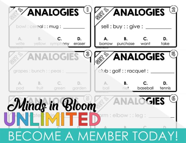 Analogies Task Cards - SET 1 - B&W - Minds in Bloom Unlimited