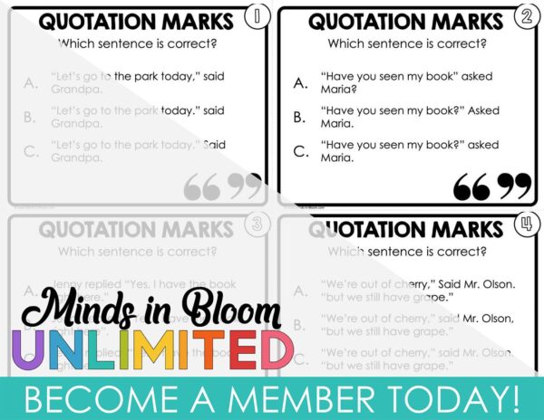 Quotation Marks Task Cards - Multiple Choice - B&W - Minds in Bloom Unlimited