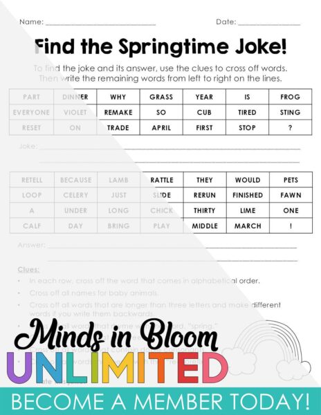 Spring Joke Activity | Printable Worksheet for Grades 3-5